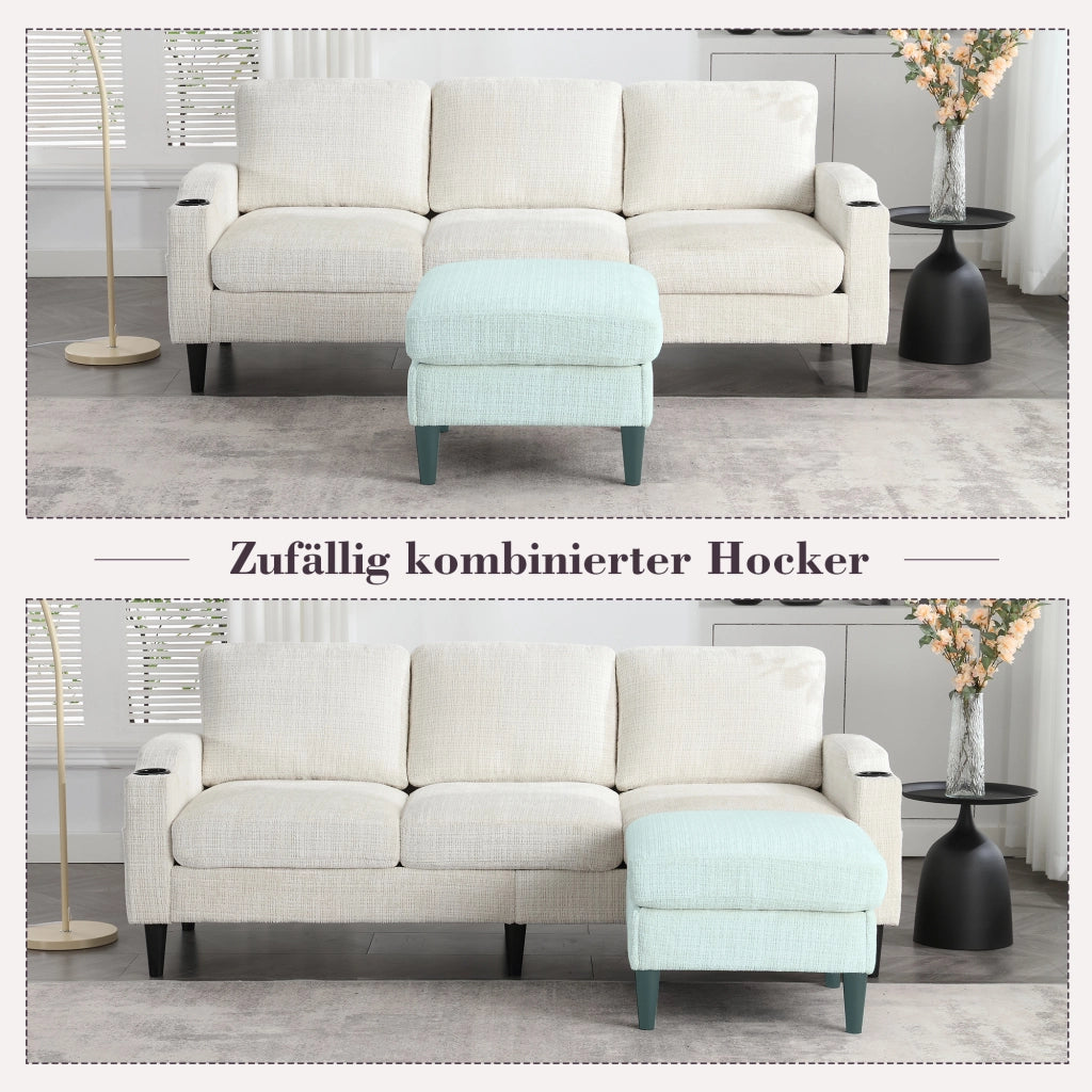 Divano 4 Posti con Pouf Contenitore; Portabicchieri e Tasche Laterali; in Ciniglia Beige; 196;5 × 75 × 77 cm