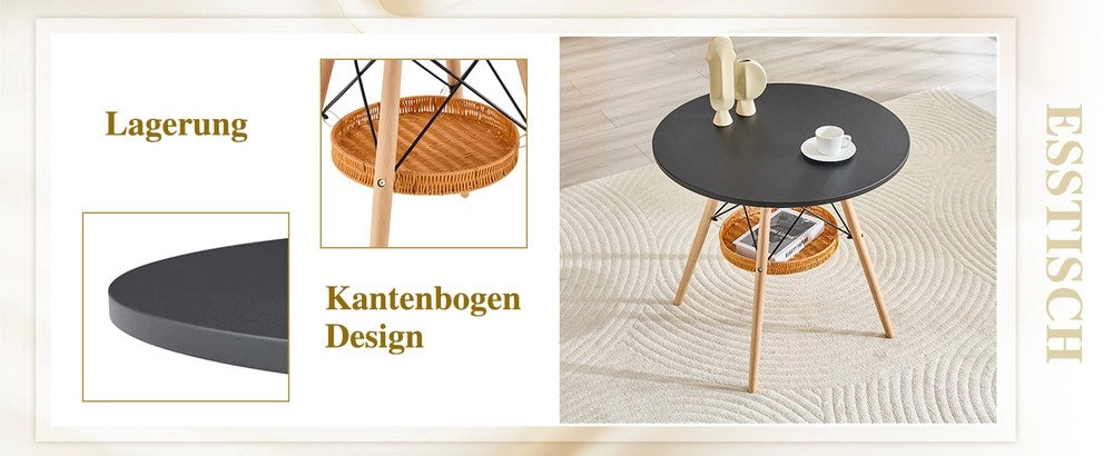 Tavolo da Pranzo Rotondo ¨C MINIMAL ¨C Piano MDF Nero, Gambe Massello, ?80 cm, 2-4 Persone