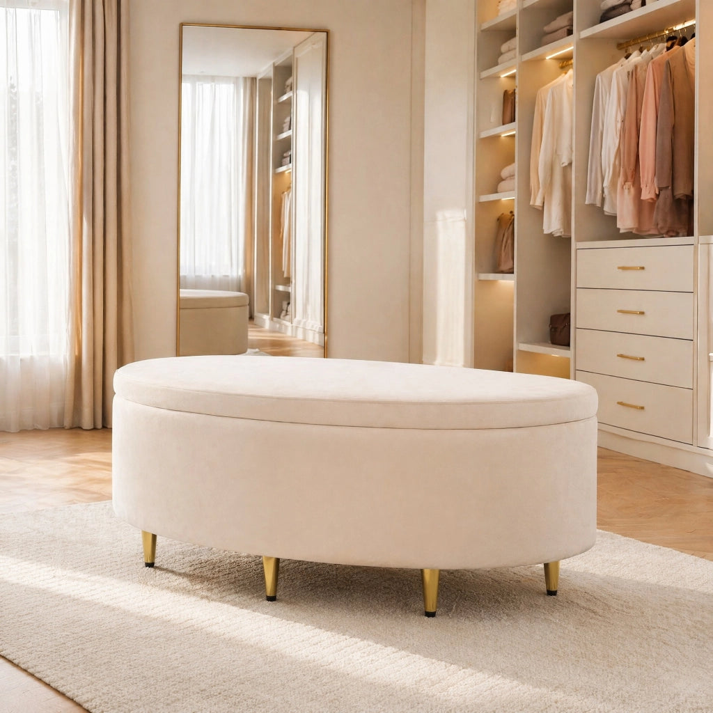 Panca contenitore in velluto beige 90 x 40 x 42 cm; pouf da ingresso e camera da letto