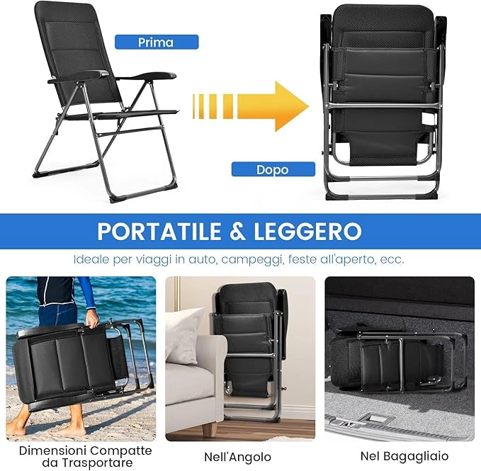 Set di 2 Sedie da Giardino, Poltrona Reclinabile da Giardino con Schienale Regolabili a 7 Posizioni, Sedia Pieghevole Imbottite per Giardino,Spiaggia, Portata 136 kg