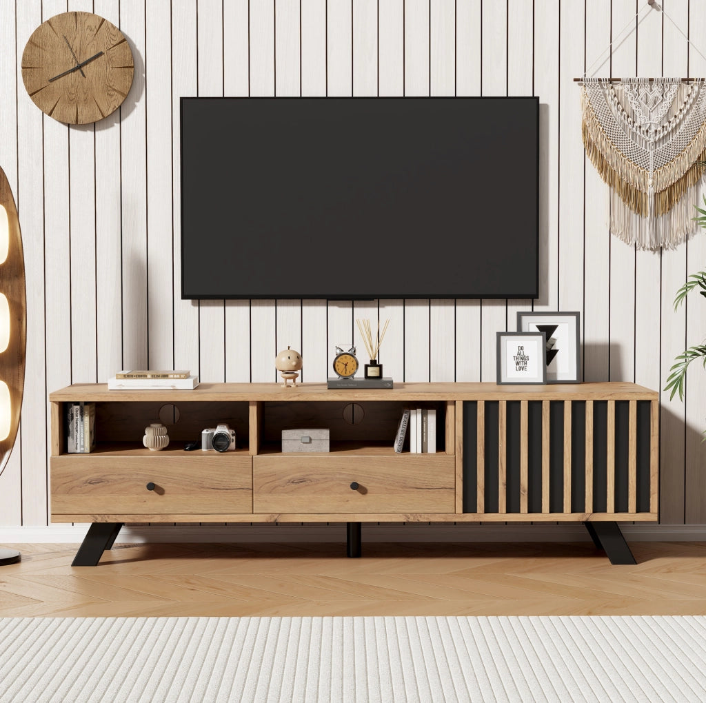 Mobile TV 150 cm con 2 cassetti e vano chiuso, legno e nero