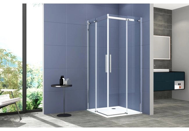 Box doccia angolare 120x120 cm con ante scorrevoli in cristallo temperato 8 mm H 200 cm CLARA Cromato