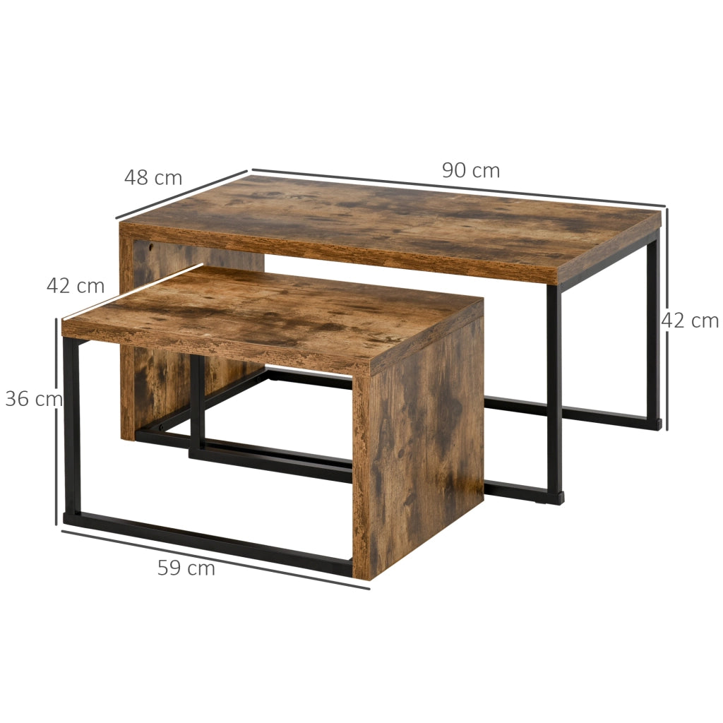 Tavolino da caff¨¨ nido moderno ¨C Minimal ¨C marrone r¨²stico e nero, metallo, 90x48x42 cm e 59x42x36 cm