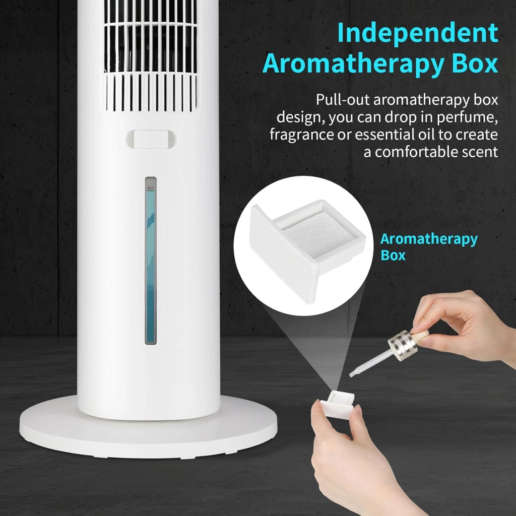 Ventilatore a torre funzione aroma con raffreddamento ad acqua con telecomando ventilatore a piantana 5,5 m/s 3 velocità 4 modalità 12 timer oscillazione 48° raffreddamento umidificazione