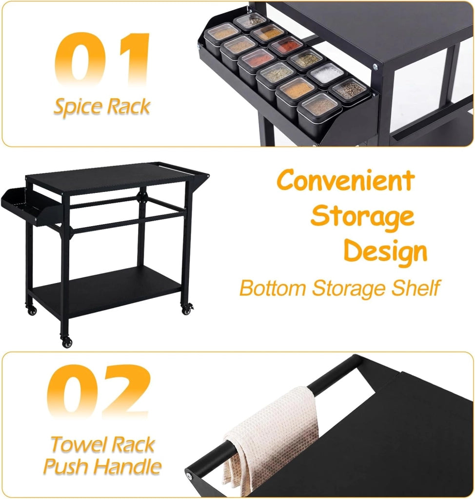 Carrello per Barbecue a 2 livelli, Carrello da Giardino con Porta Asciugamani e Scaffale per Spezie, Desserte da Esterno, 4 Rotelle, per Giardino e Terrazza, 100 x 45 x 80 cm, Nero