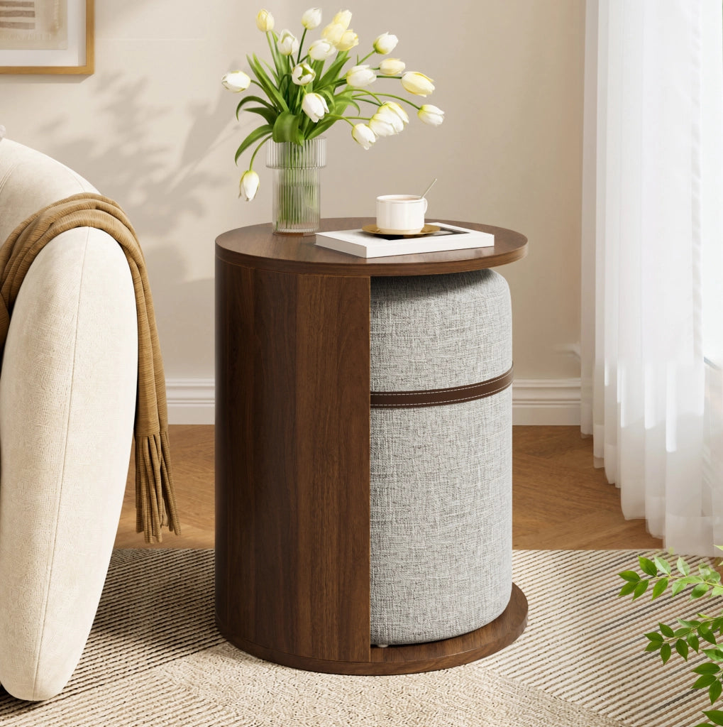 Tavolino rotondo con pouf integrato 38x38x47;5 cm in MDF e legno di pino; noce