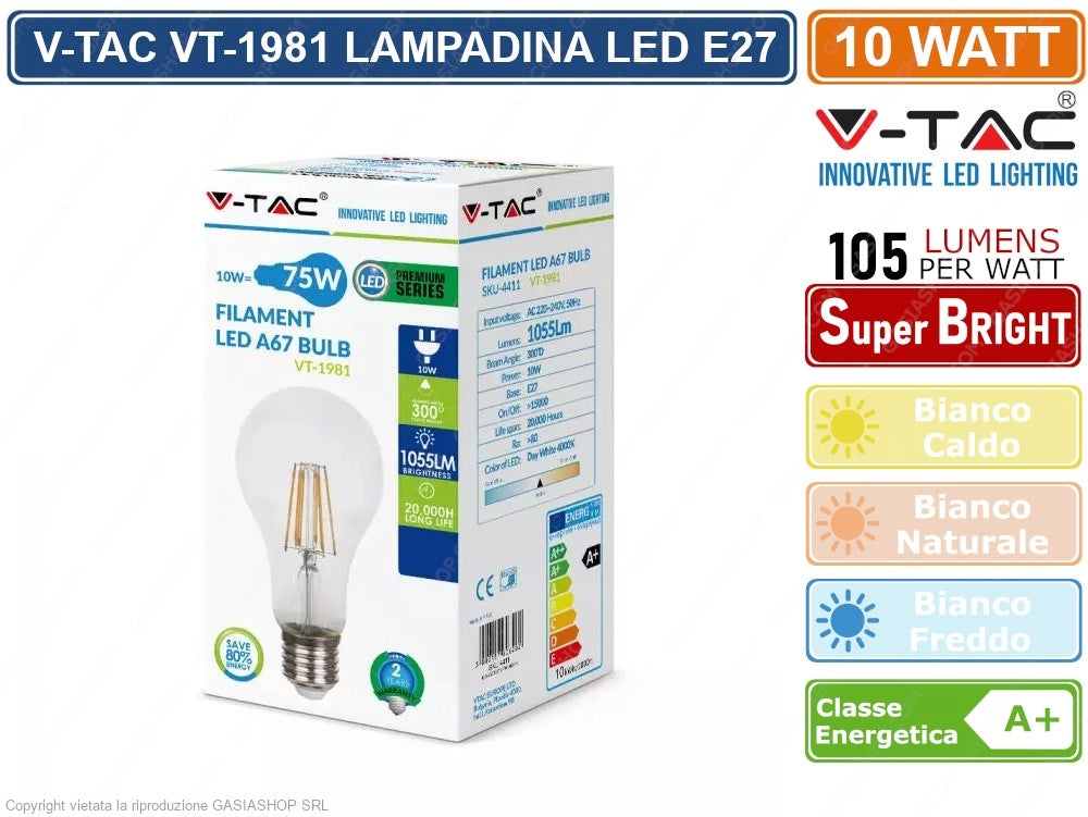 V-TAC VT-1981 LAMPADINA LED E27 10W BULB A60 GOCCIA FILAMENTO EXTRA LUNGO VETRO TRASPARENTE - Colore Luce:Bianco Freddo