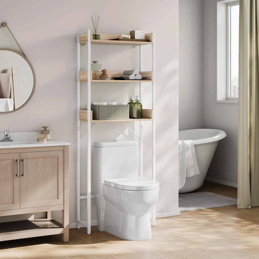 Mobiletto Bagno Salvaspazio, Scaffale Lavatrice con 3 Ripiani, per Lavanderia, Bagno, Soggiorno, Balcone, Legno e Metallo, Rovere Chiaro+Bianco, 63x25x166,5 cm