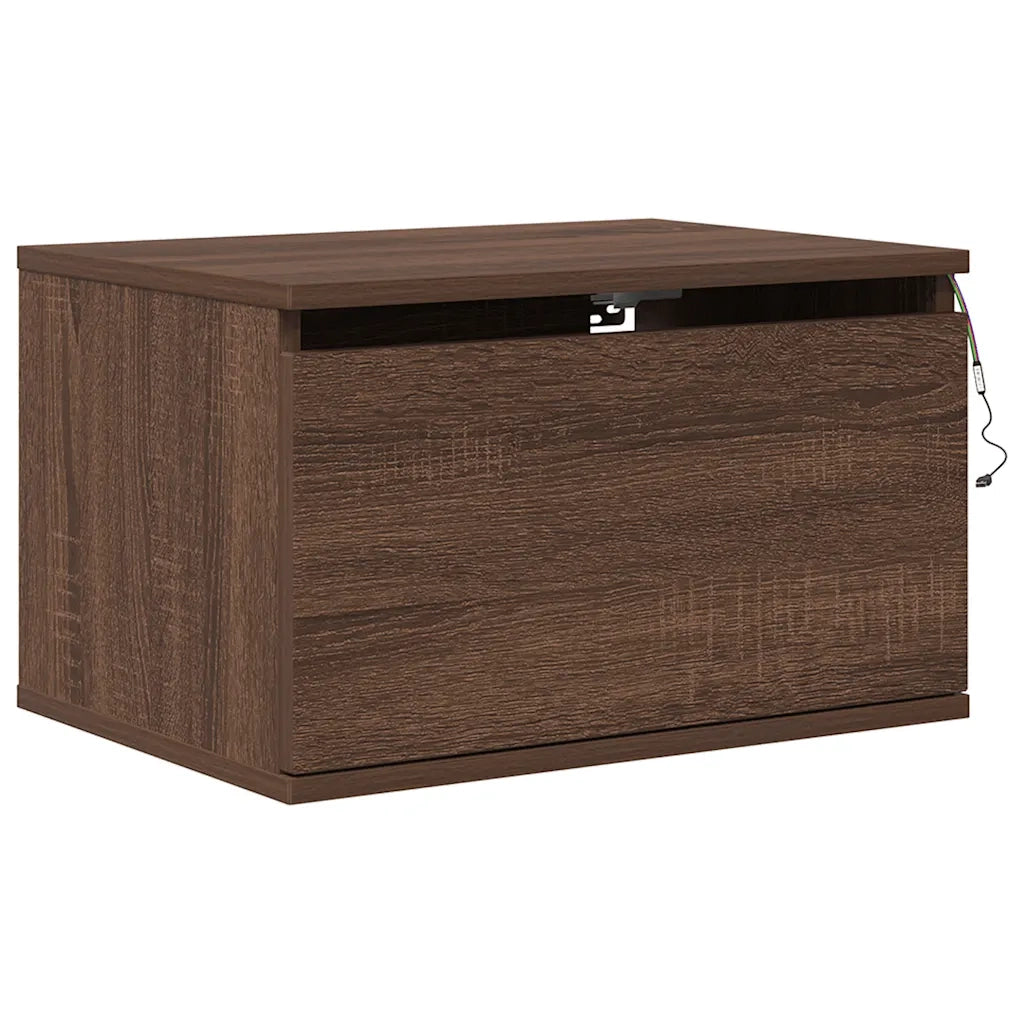 Comodino | Armadio da Notte | Mobiletto da notte a Parete con luci LED Rovere Marrone