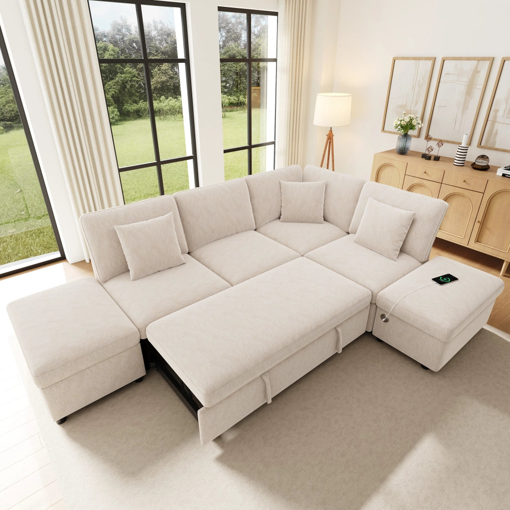 Divano angolare modulare con letto estraibile, poggiapiedi contenitore e porte USB e Type-C in ciniglia beige