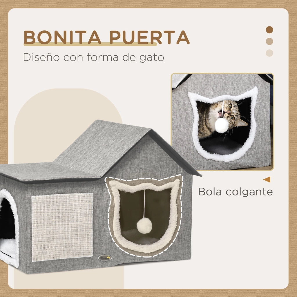 Casetta per Gatti Interna con Cuscino Morbido e Palla Pendente ¨C Zephmum ¨C Grigio 65x41x45,5 cm
