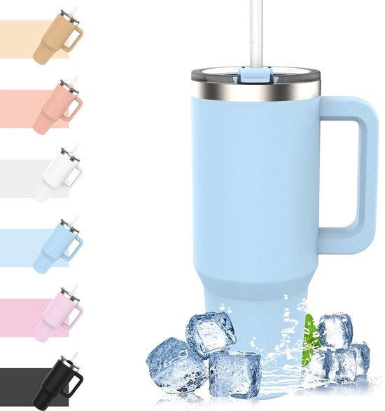 Tazza da viaggio a doppia parete, in acciaio inossidabile, a vuoto, impermeabile, tazza con manico e cucchiaio, thermos tumbler blu