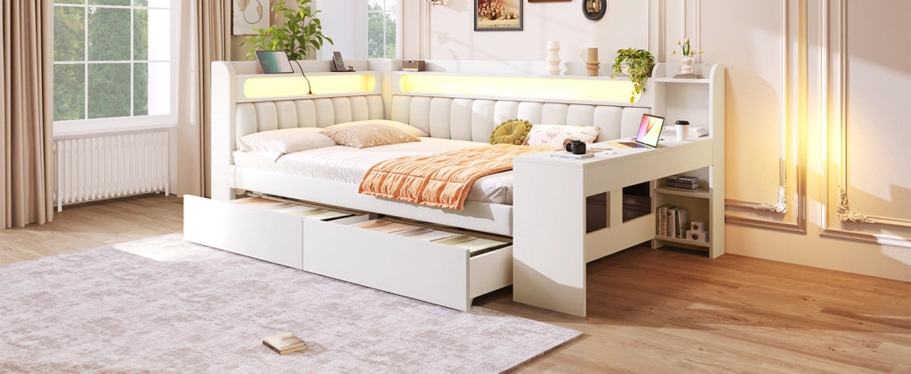 Letto a giorno con LED, porte USB, scrivania e 2 cassetti in MDF, compensato e tessuto bianco 140 × 200 cm