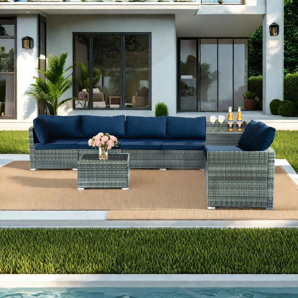 Set Salotto Patio Divano 8 Pezzi Componibile in Polyrattan e Tavolo Contenitore