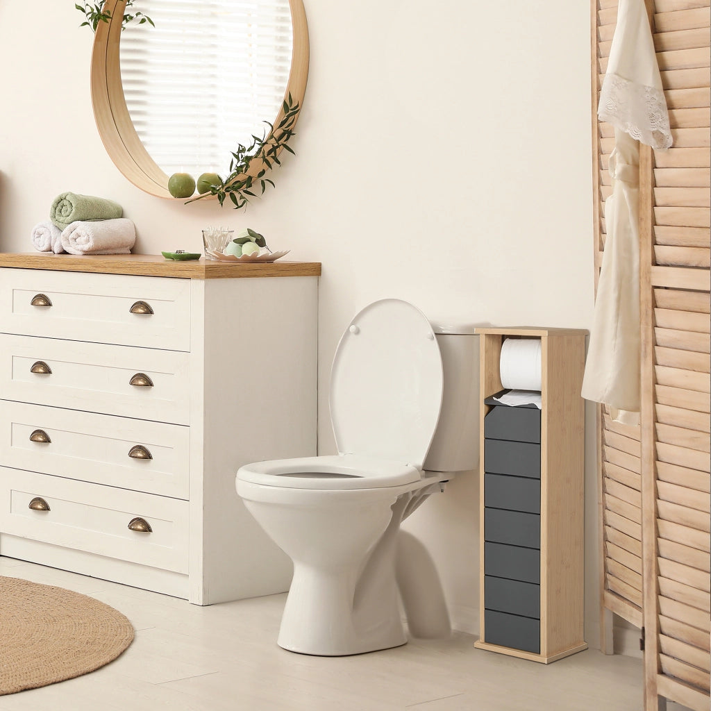 Mobile Bagno a Colonna con Porta Carta Igienica ¨C zephmum ¨C 18x18x75cm, Bamb¨´ e Grigio