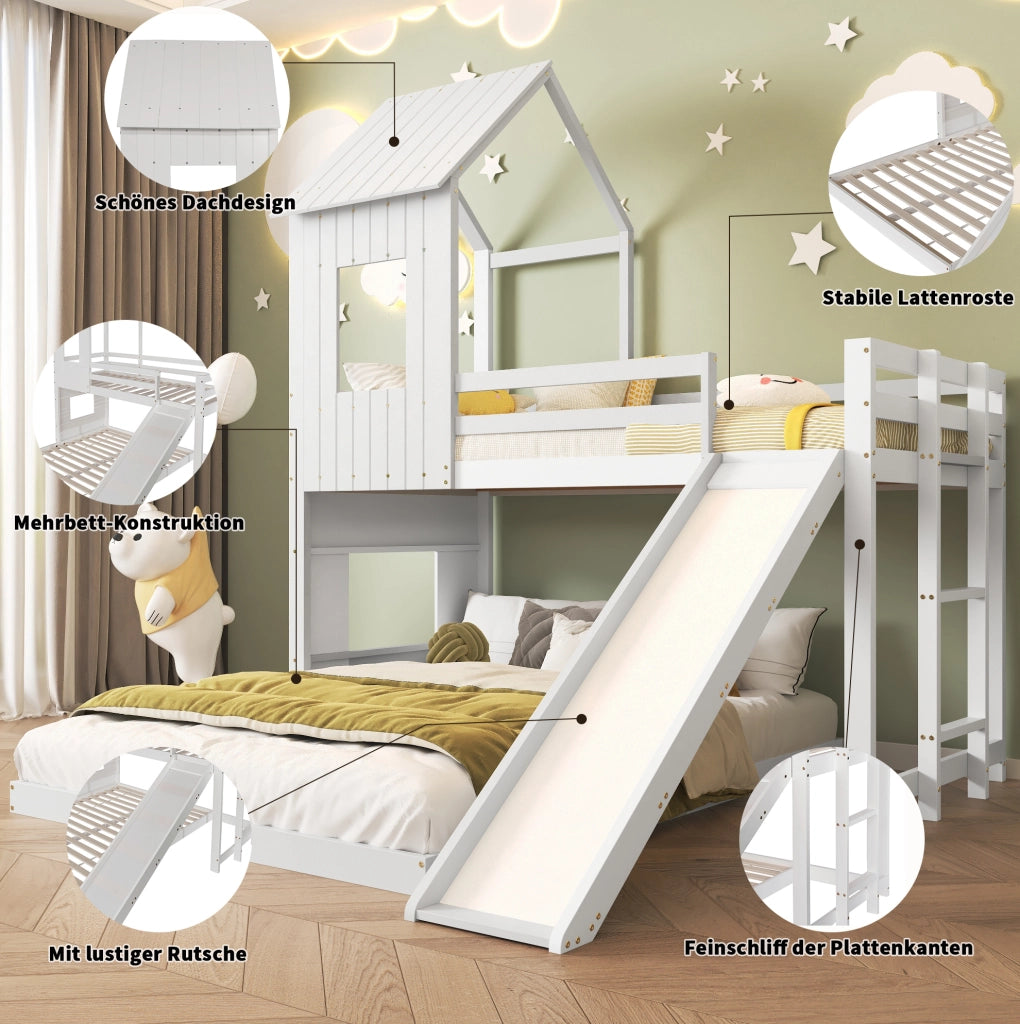 Letto a castello a casetta con scivolo e scala; pino e MDF; bianco; 90x200 e 140x200 cm