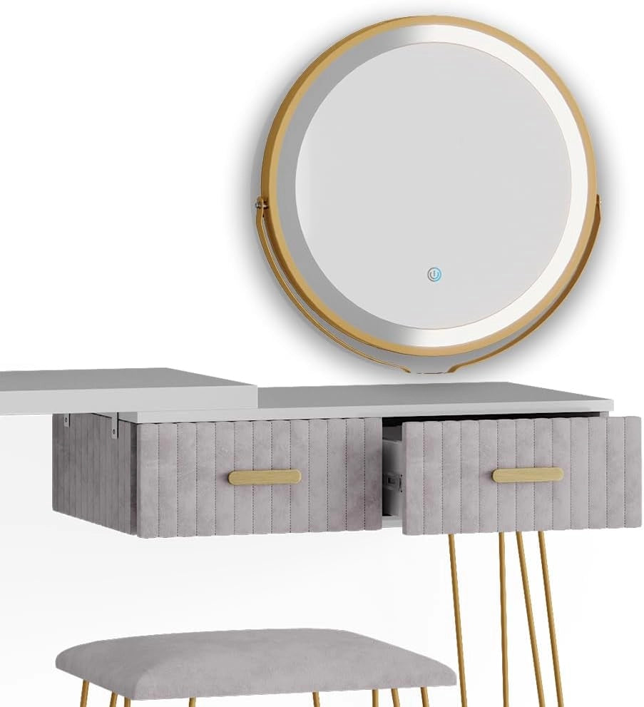 Tavolo da toeletta Zoey, Grigio, 120 cm con illuminazione LED e sgabello, con illuminazione LED e sgabello imbottito