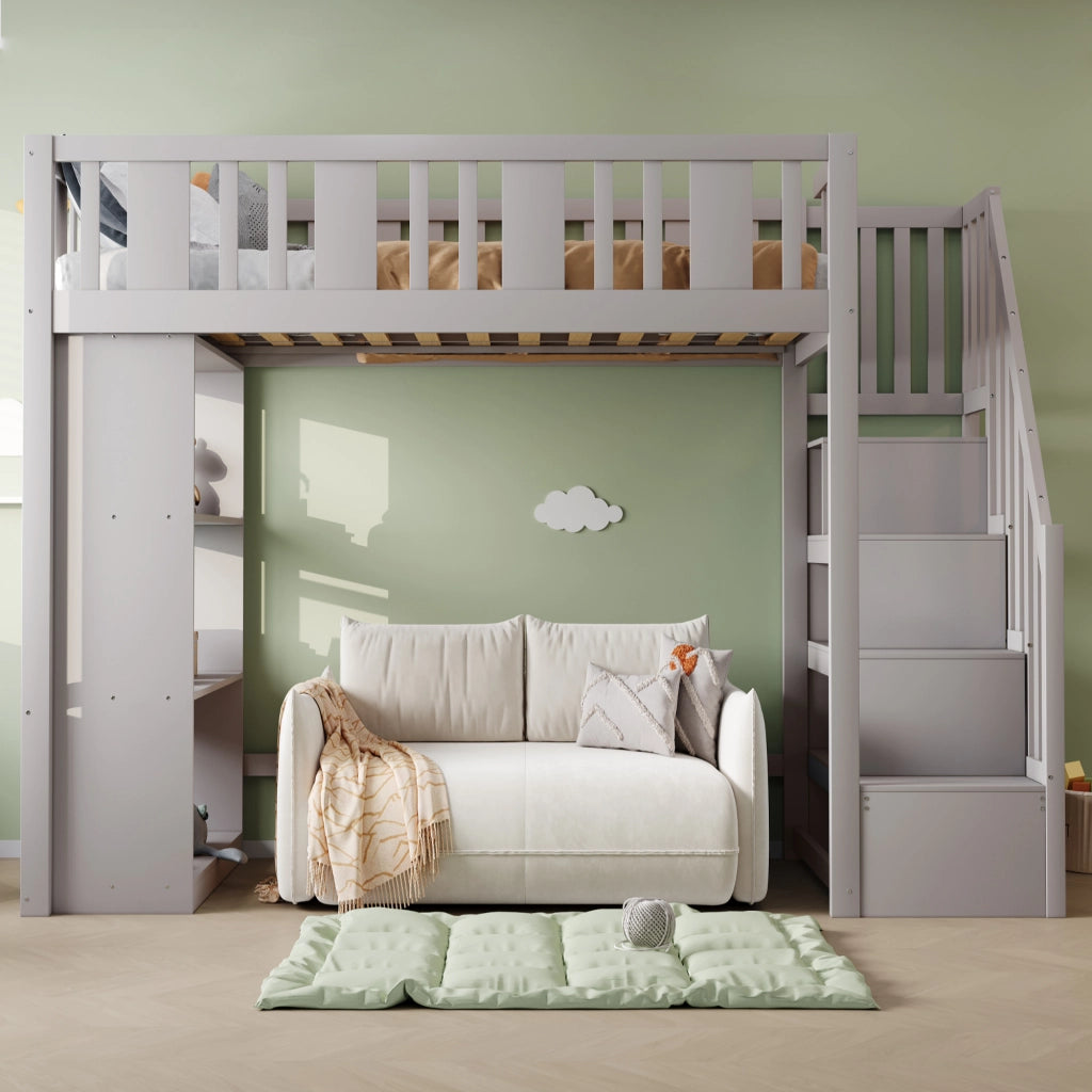 OKWISH Letto a Soppalco 90×200 cm, Letto Singolo con Scala Contenitore, 3 Scomparti e Sponda di Sicurezza, senza Materasso, Legno, Grigio