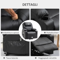 Poltrona Alzapersona Reclinabile max 135° con 8 Punti Massaggianti e Poggiapiedi, 88x92x106 cm, Nero