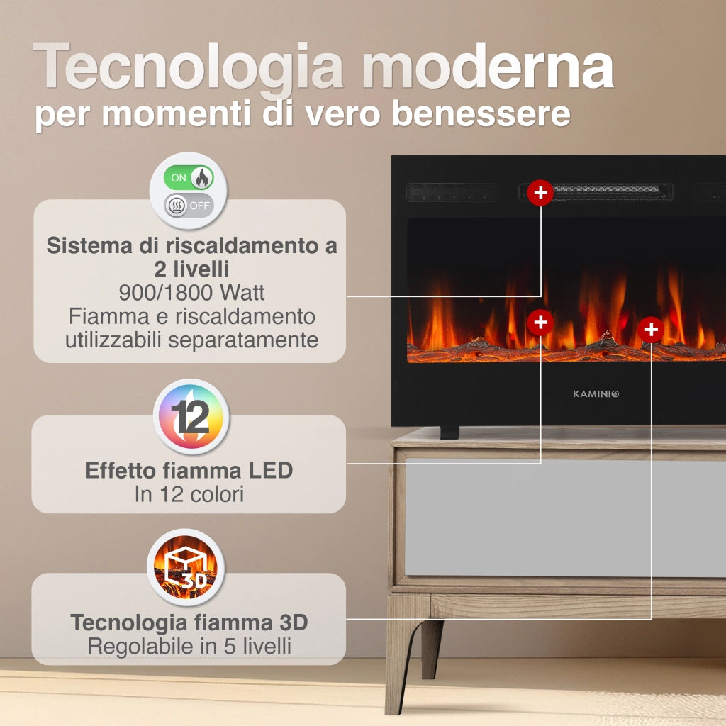 KAMINIO Camino elettrico MARLON - Camino elettrico 3 in 1 con riscaldatore, effetto fiamma 3D, 12 colori di fiamma, telecomando - 30 pollici