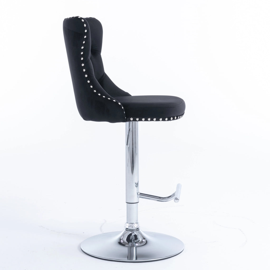 Sgabello da bar girevole in velluto con altezza regolabile, schienale ergonomico e base cromata nera per casa