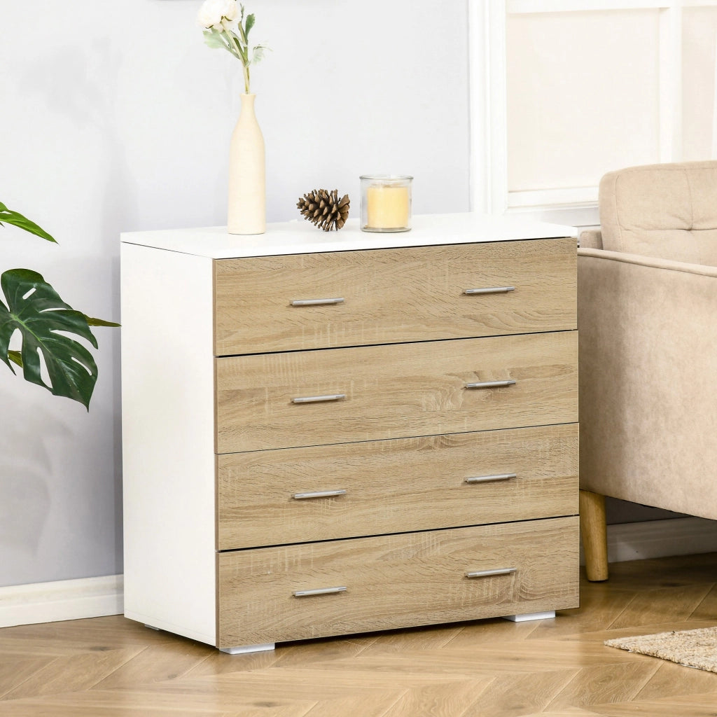 Cassettiera 4 Cassetti 76x35x72 cm in Legno e Maniglie in Alluminio Bianco e Rovere