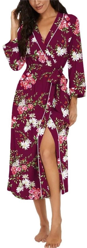 Kimono Dames 3/4 Mouw Gewaden con Lunghezza Lunga per la Notte, Casual e Relax, in Tela Leggera, con Fiori, Dimensione XL, colore Vino Rosso