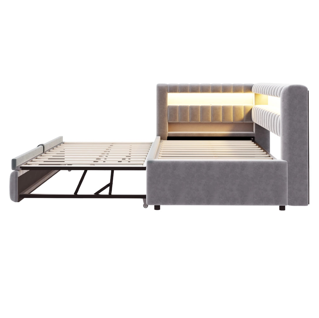 Divano letto estraibile 90 x 200 cm con LED, USB-C e velluto grigio chiaro