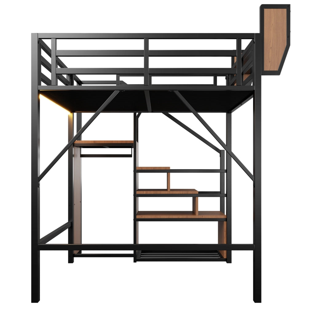 Letto a soppalco ULEVR 140x200 cm con scala di sicurezza, ripiano regolabile e striscia LED multicolore, nero