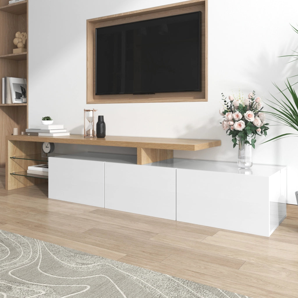 Mobile TV 197.5x39x42 cm; 3 vani con ripiani in vetro e LED a 7 colori; MDF e vetro; colore naturale e bianco
