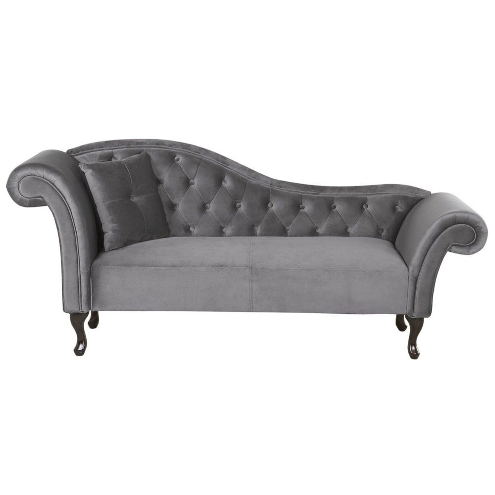 Chaise longue in velluto grigio Bottone capitonné con braccioli arrotolati a versione sinistra con cuscino