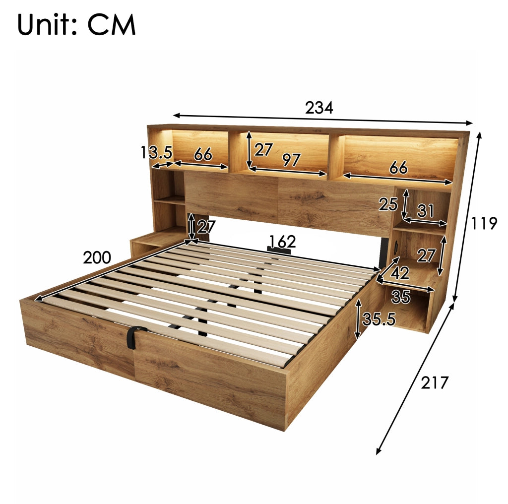 Letto matrimoniale contenitore 160x200 cm in effetto rovere; con LED; USB e materasso