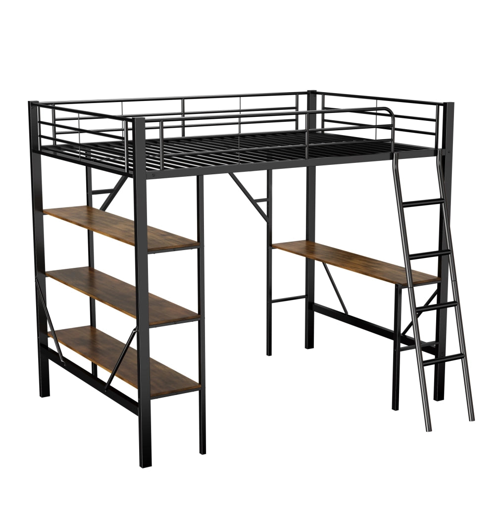Letto a soppalco 90x200 cm con scrivania e 3 ripiani; metallo; nero