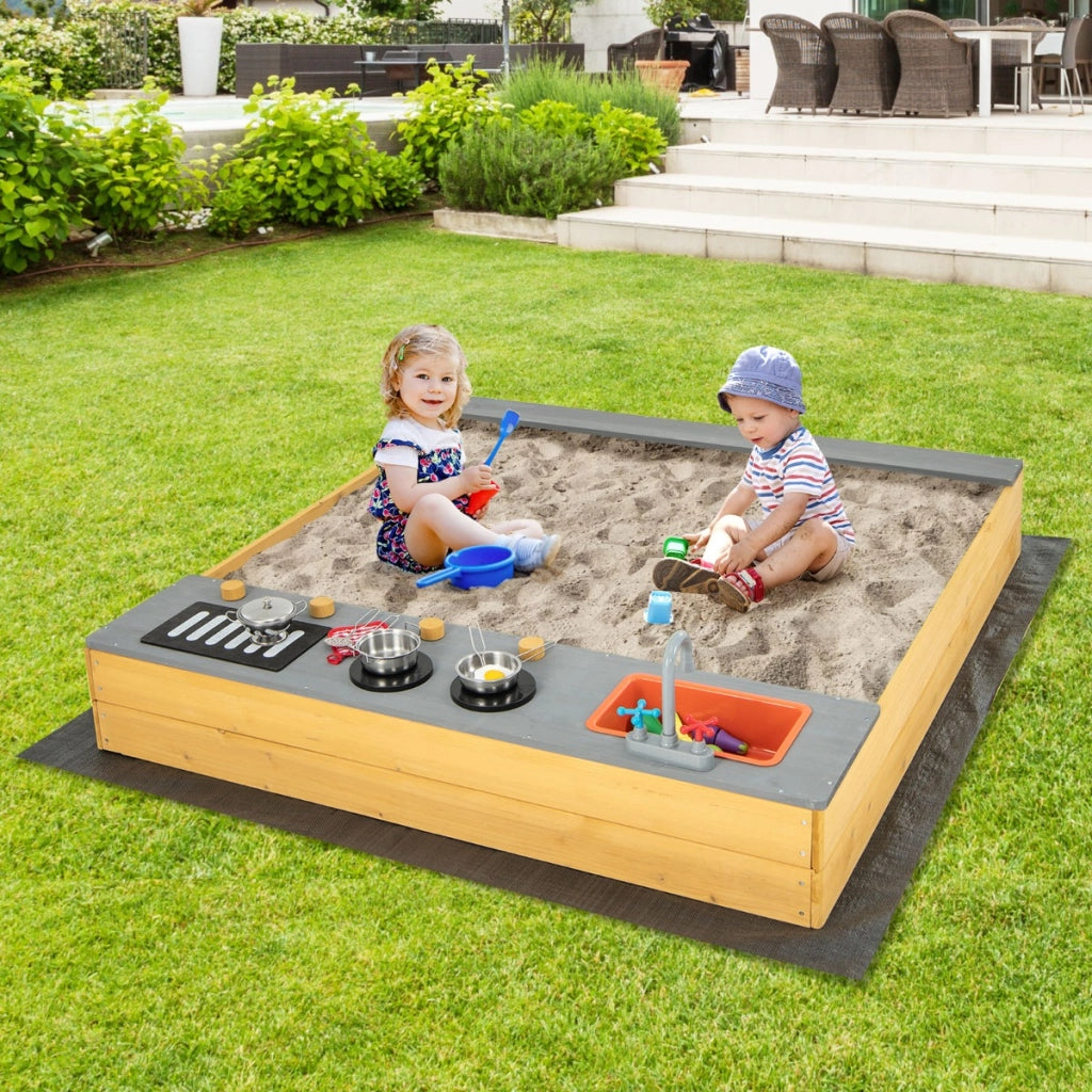 Sabbiera in legno con accessori da cucina e panca, Area giochi per bambini con rivestimento inferiore per cortile