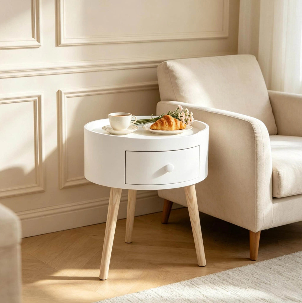 Comodino con cassetto in MDF e legno massello, bianco e legno, 38x38x45 cm
