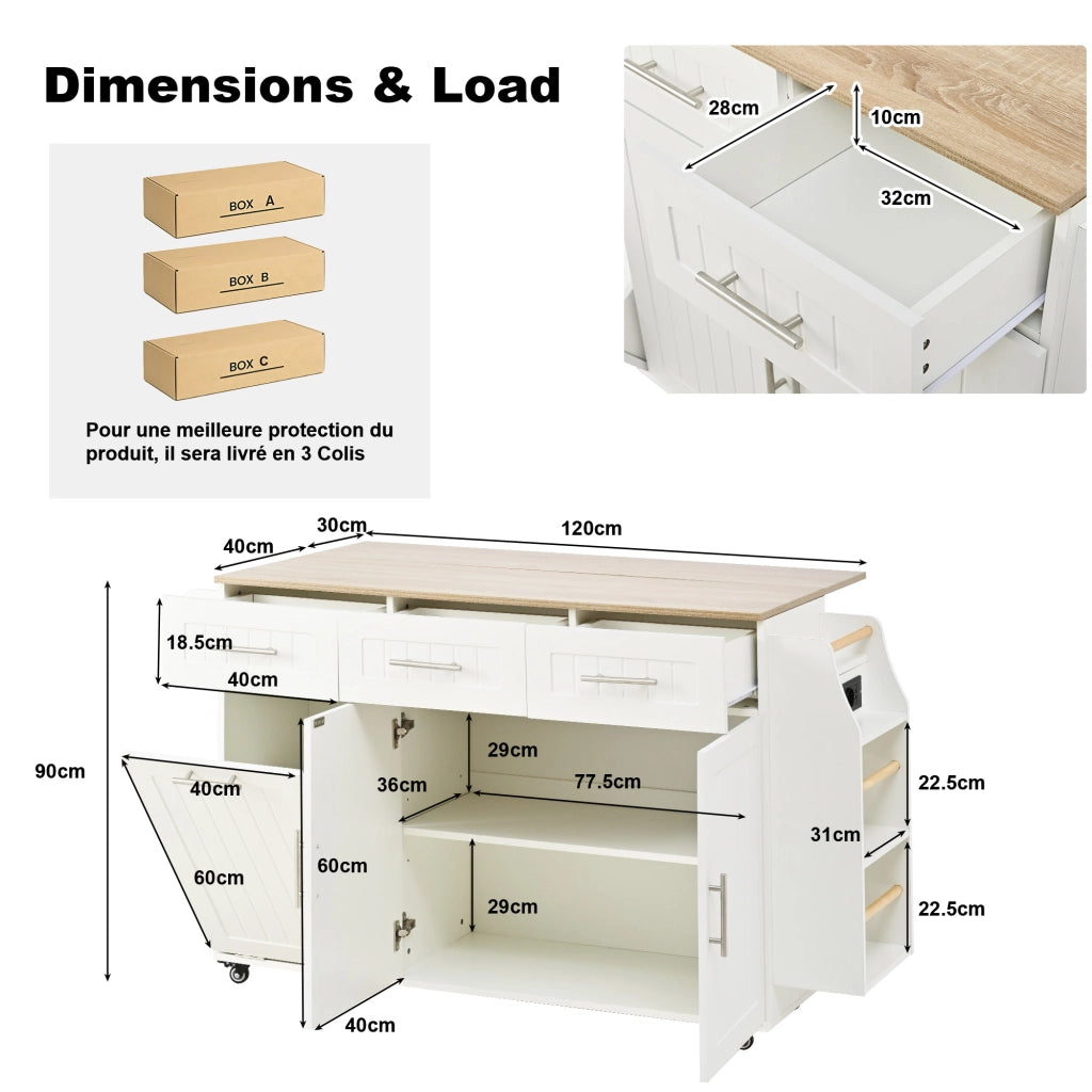 Isola cucina con piano estraibile e prese - per cucina - in MDF - 120×40(70)×90 cm - bianco