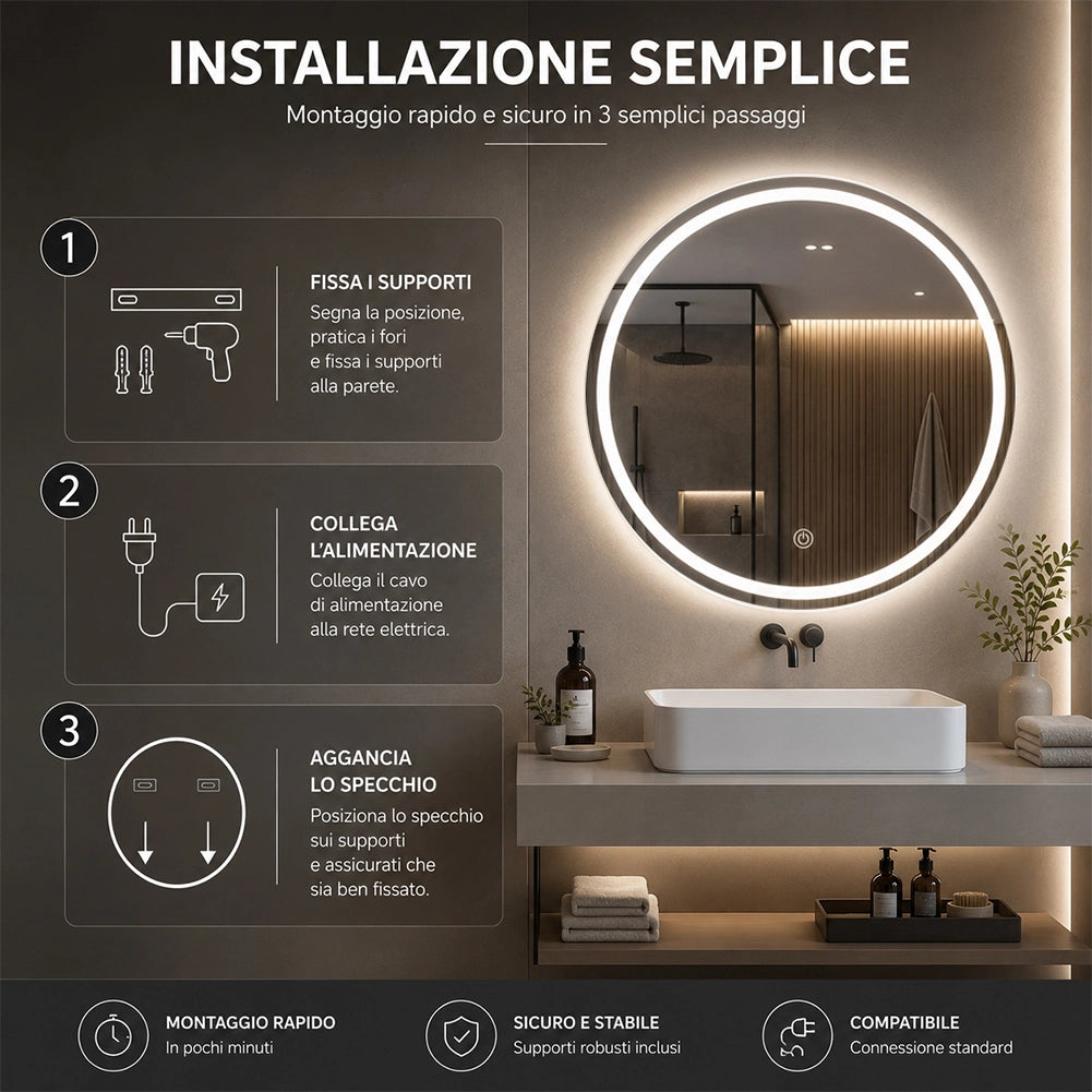 Specchio Tondo Diametro 70 cm con Led a 3 Colori Dimmerabile Accensione Touch