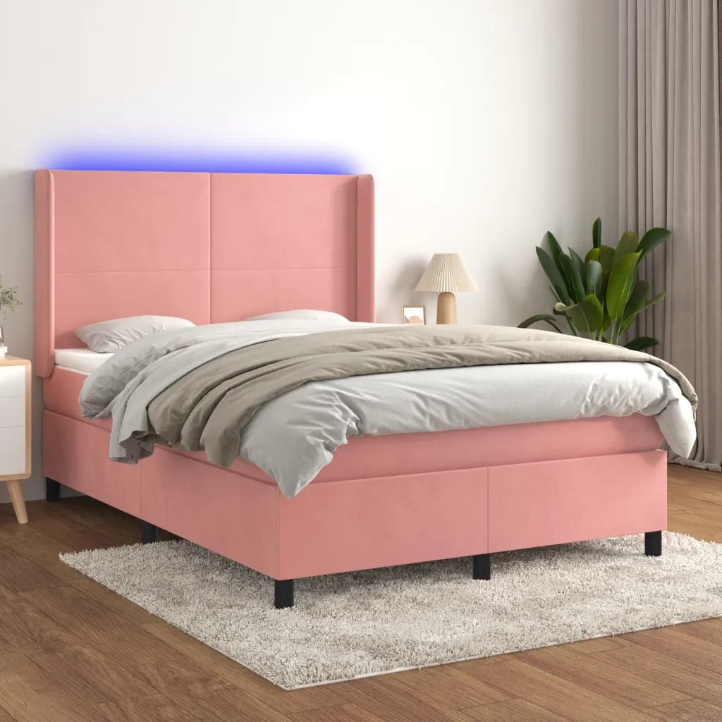 Letto a Molle con Materasso e LED Rosa 140x200 cm in Velluto 3139450