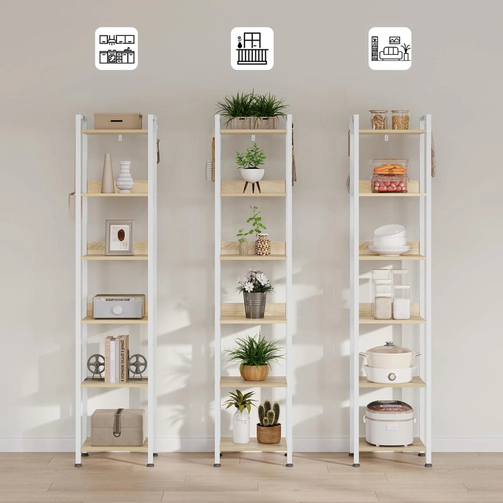 Libreria a 6 Ripiani, Scaffale con 4 Ganci Industriale, Scaffale a Scala in MDF e Metallo per Soggiorno, Cucina, Studio, Ufficio,Bianco,40x30x187cm RGB931hov