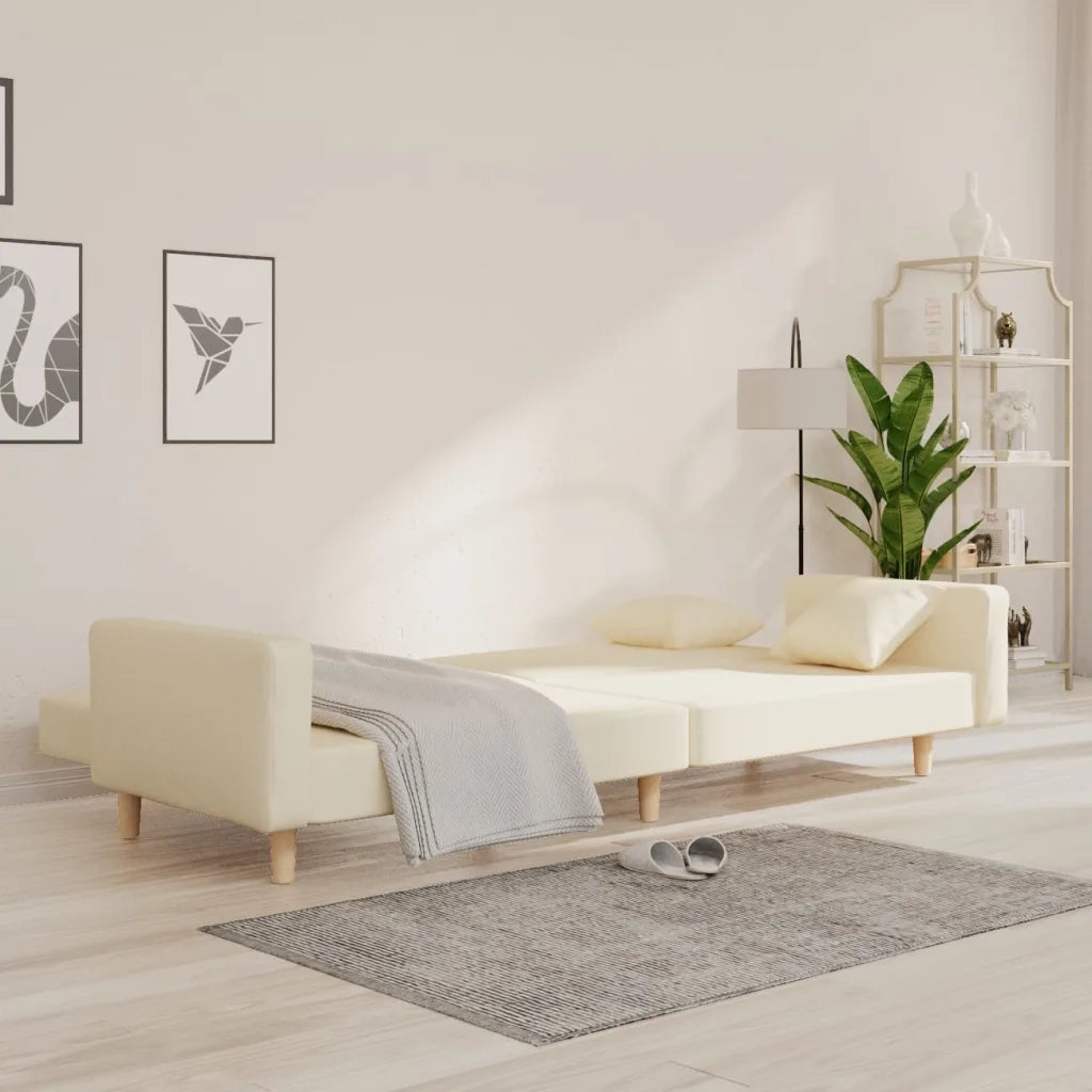 Divano Letto a 2 Posti con 2 Cuscini Crema in Tessuto 375744