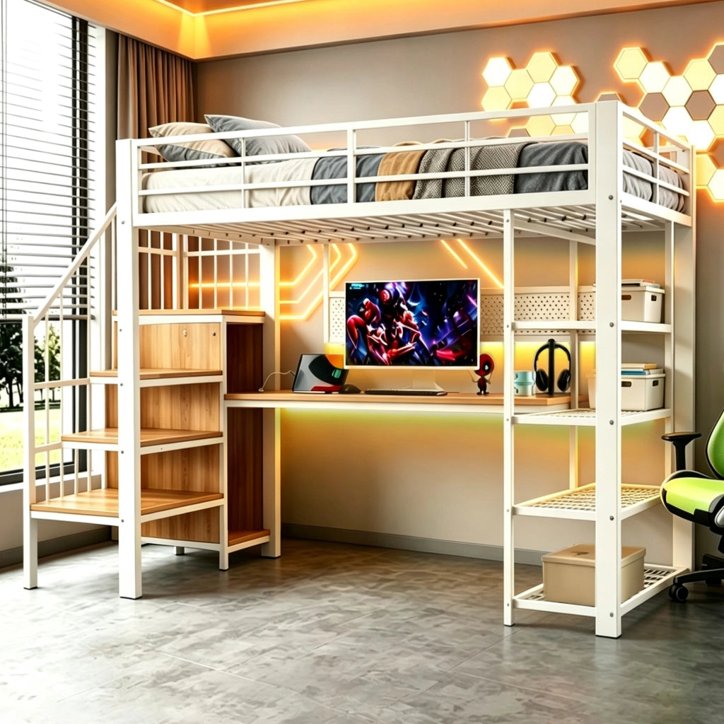 LETTO a soppalco 90 x 200 cm con scala contenitore, LED, prese, bianco