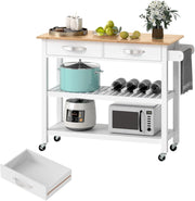 Carrello da cucina in legno con ruote, carrello ausiliario con 2 cassetti e 2 ripiani aperti, isola di cucina mobile con portasciugamani laterale, per sala da pranzo, bar, 116 x 44 x 89 cm