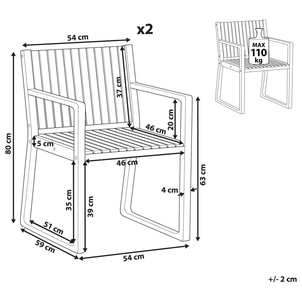 Set di 2 sedie da pranzo da giardino per esterni in legno d'acacia con cuscini blu resistente agli agenti atmosferici dal design classico