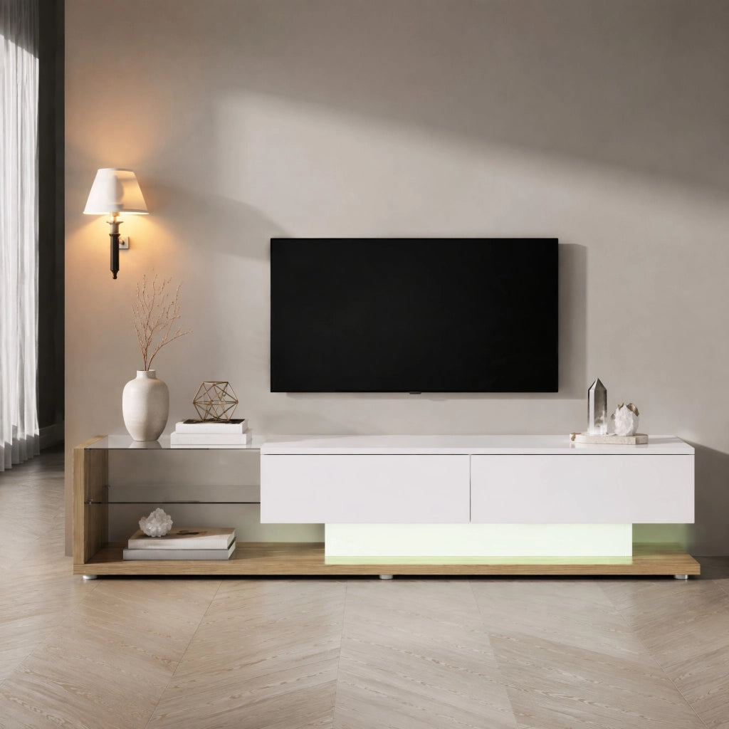 Mobile porta tv con due cassetti e due ripiani in vetro, LED regolabile via app, bianco lucido e legno, 170 × 36 × 38 cm