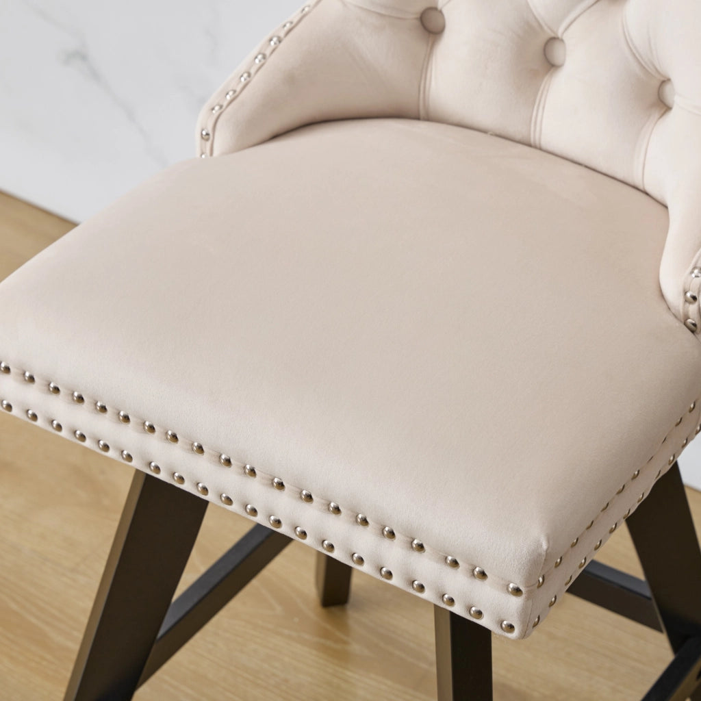 Set di 2 Sgabelli da Bar Girevoli con Schienale Imbottito e Gambe in Legno; per Isola Cucina; Velluto; Beige