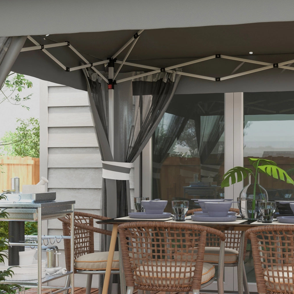 Tenda da giardino con LED alimentata a energia solare; tenda da giardino con illuminazione; 336 cm x 336 cm x 270 cm; grigio