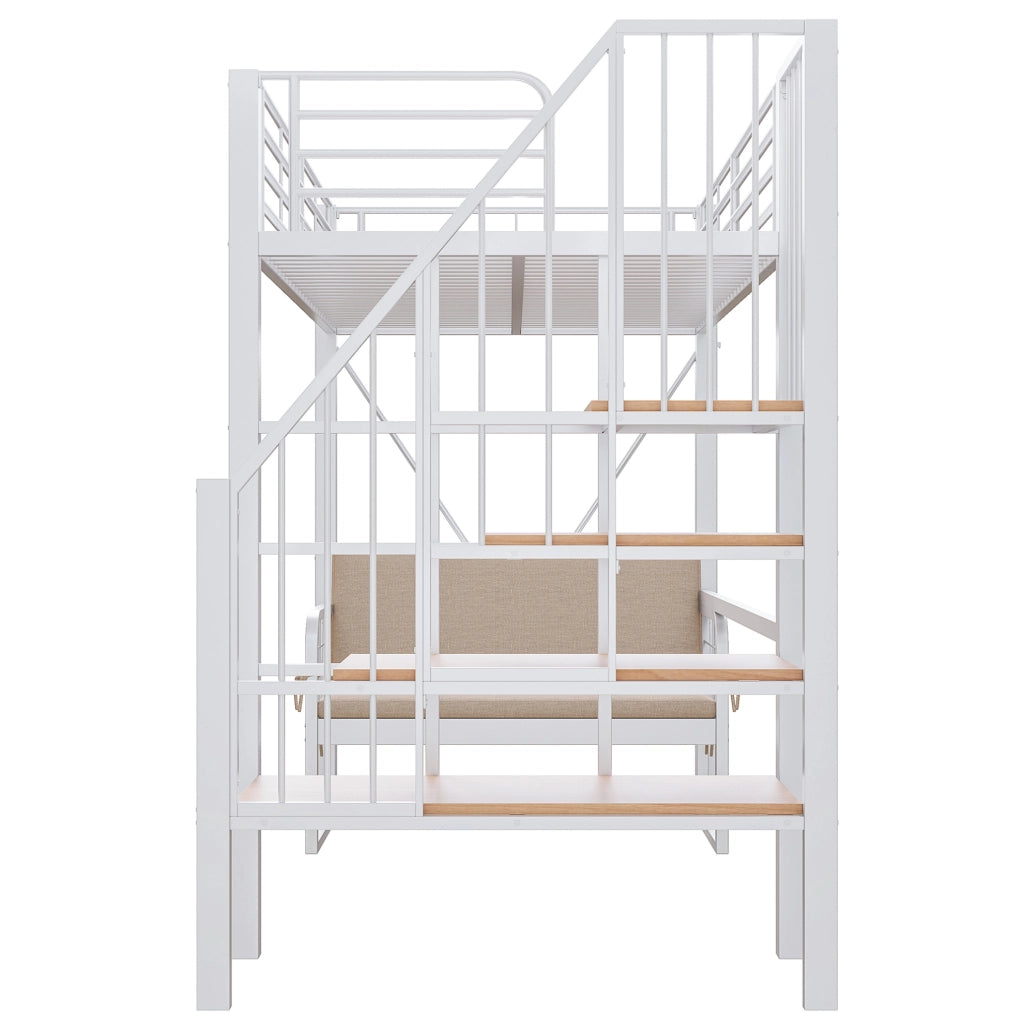 Letto a castello 90x200 cm in metallo e MDF bianco con divano imbottito; scala contenitore