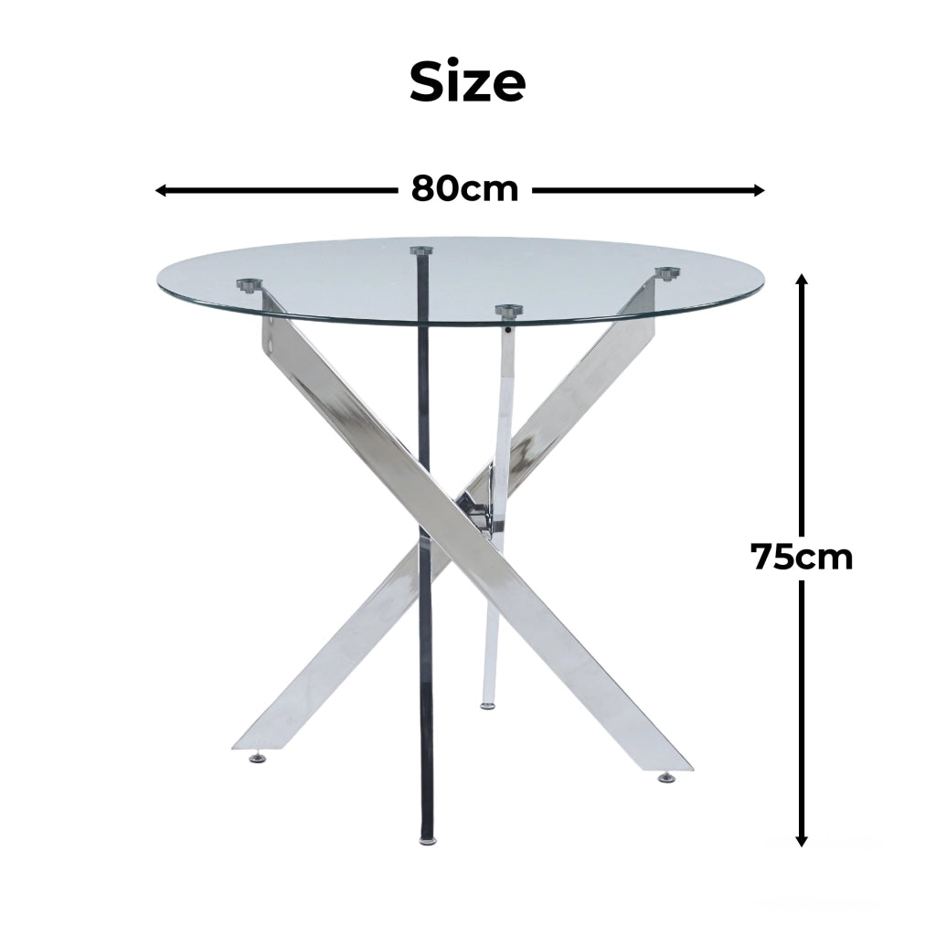 Tavolo da pranzo rotondo con piano in vetro e gambe incrociate in metallo per cucina e soggiorno 80×80×75 cm