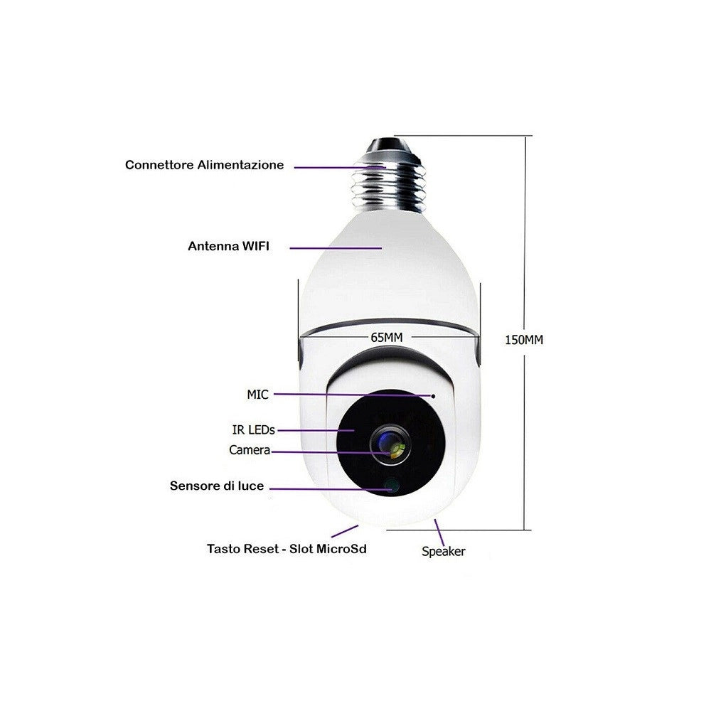 Trade Shop - Telecamera Ip Cam Lampadina Da Interno 360° Wifi E27 Videosorveglianza Jt8177 -