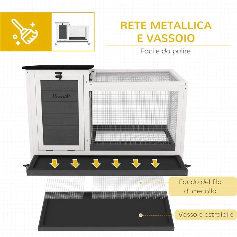 CONIGLIERA DA ESTERNO A ROTELLE CON VASSOIO ESTRAIBILE IN LEGNO DI ABETE E ACCIAIO 91X51X66 CM MULTICOLORE